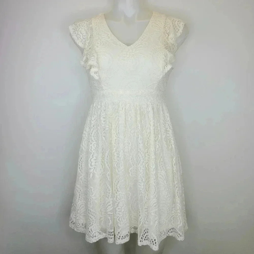 Altar'd State Off White Ivory Eyelet Lace Fit & Flare Dress Ruffle Summer Small